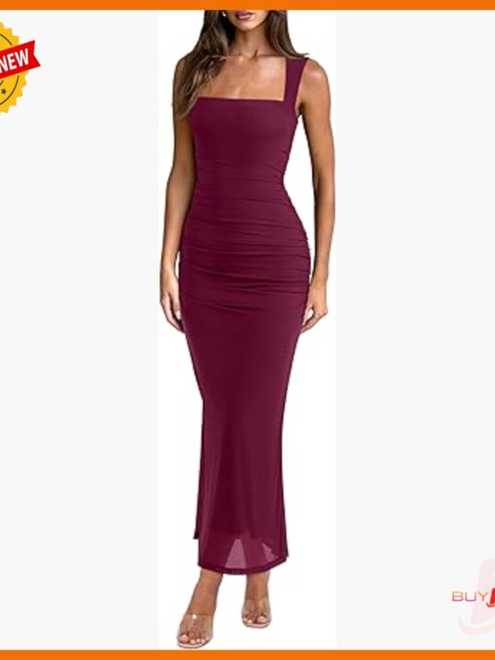 Sleeveless Square Neck Maxi Dress Sheer Mesh Ruched Bodycon Wedding Guest
